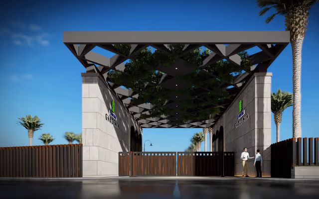 Emerald Gardenia – grand entrance gate with pergola canopy and palm avenue