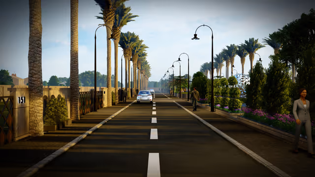 Emerald Gardenia – palm-lined internal avenue with street lighting