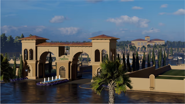 Emerald Nirvana – palatial front entrance with landscaped approach