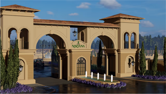 Emerald Nirvana – side profile of the entrance gate and boundary wall