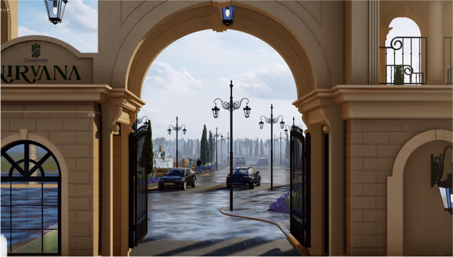 Emerald Nirvana – 65 ft wide main gate in Moroccan-Greek styling
