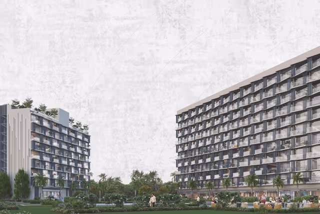 Emerald World Park – campus elevation with retail arcade and plaza seating