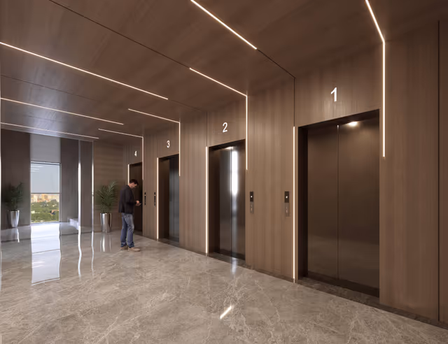Emerald World Park – lift lobby with four high-speed elevators