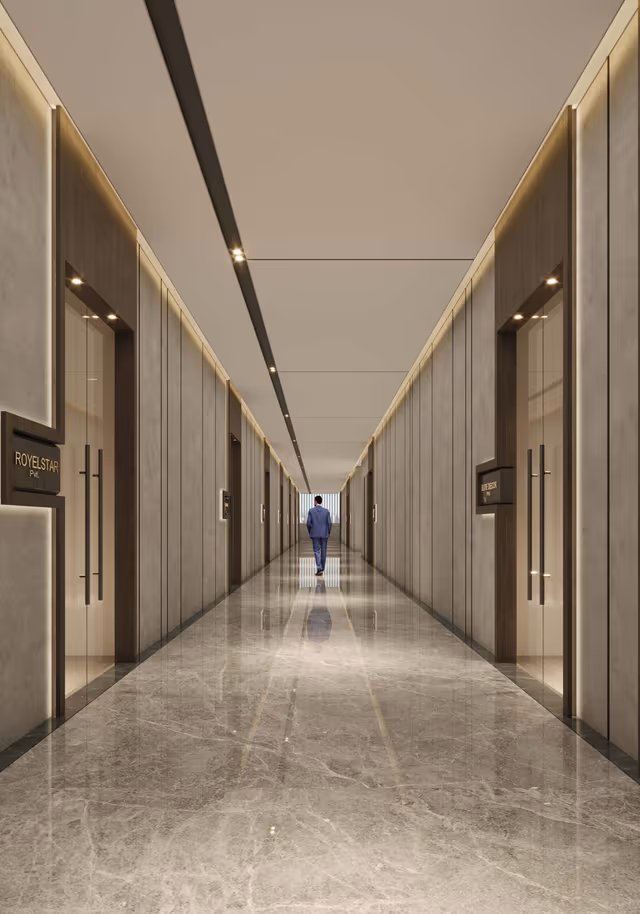 Emerald World Park – office-floor corridor with unit signage