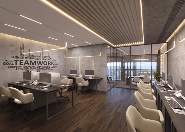 Emerald World Park – fitted office interior with city-view glazing