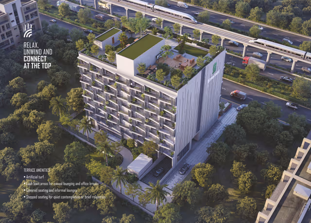 Emerald World Park – rooftop terrace with turf lawns and lounge seating