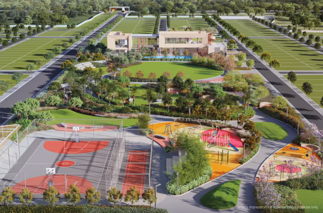 Godrej Greenview Estate – aerial view of sports courts, play zones and clubhouse amid the plotted rows