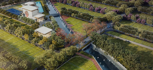 Godrej Greenview Estate – aerial render of the clubhouse zone, water channel and tree-lined plot rows