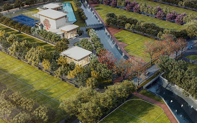 Godrej Greenview Estate – aerial render of the clubhouse zone, water channel and tree-lined plot rows