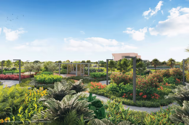 Godrej Greenview Estate – flower garden and seating pergola, one of five themed gardens