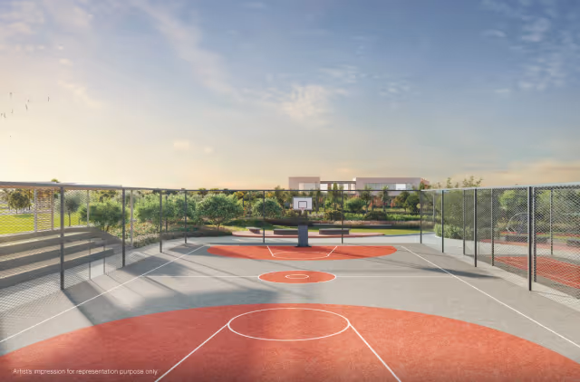 Godrej Greenview Estate – fenced multipurpose basketball court with spectator steps