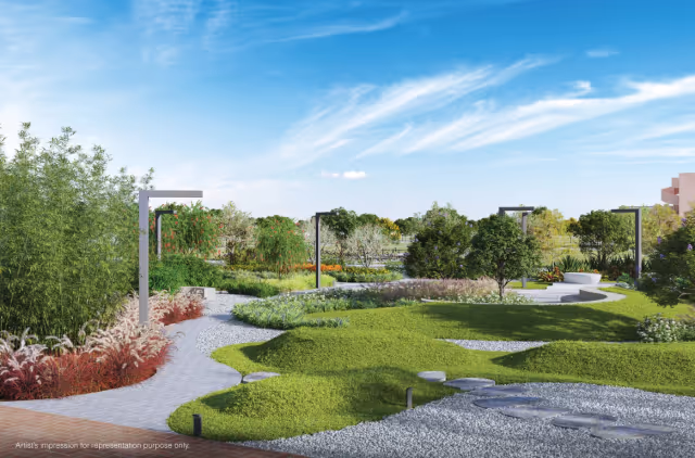 Godrej Greenview Estate – zen garden landscaping with stepping-stone paths