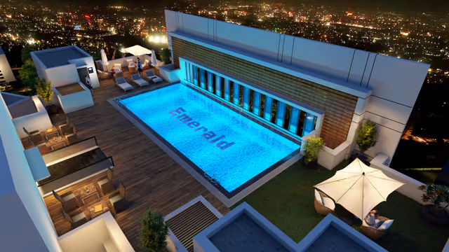Horizon Tower – rooftop infinity pool render at night with city views