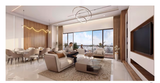 Horizon Tower – living and dining area render with city-facing glazing