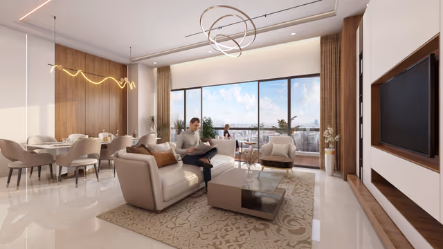Horizon Tower – living room render inside a Privé residence