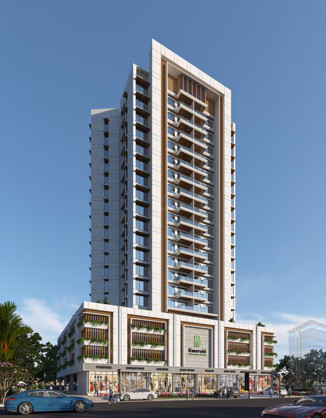 Horizon Tower – full facade render with double-height retail frontage