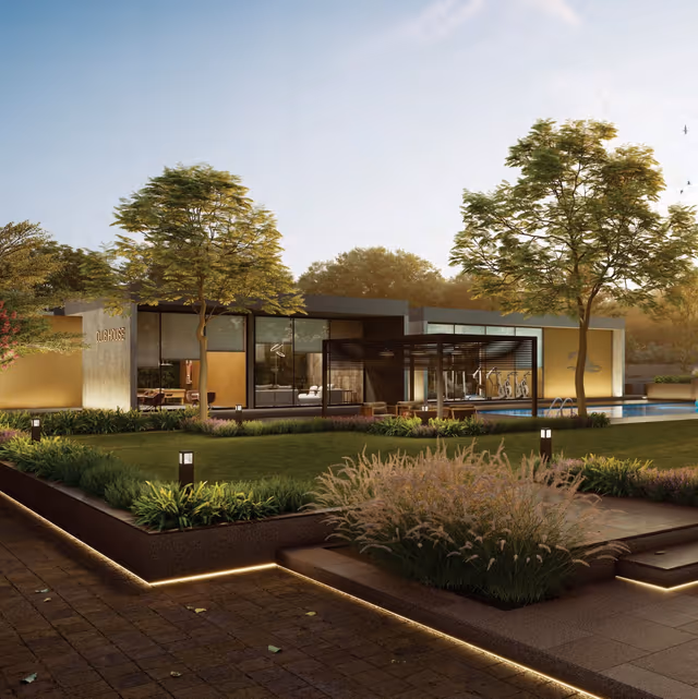 Skye Hyde Park – clubhouse with swimming pool, gym and lounge at dusk (render)