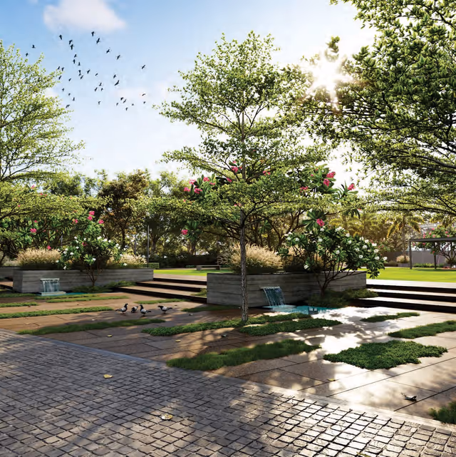 Skye Hyde Park – central garden plaza with water cascades and stepped lawns (render)