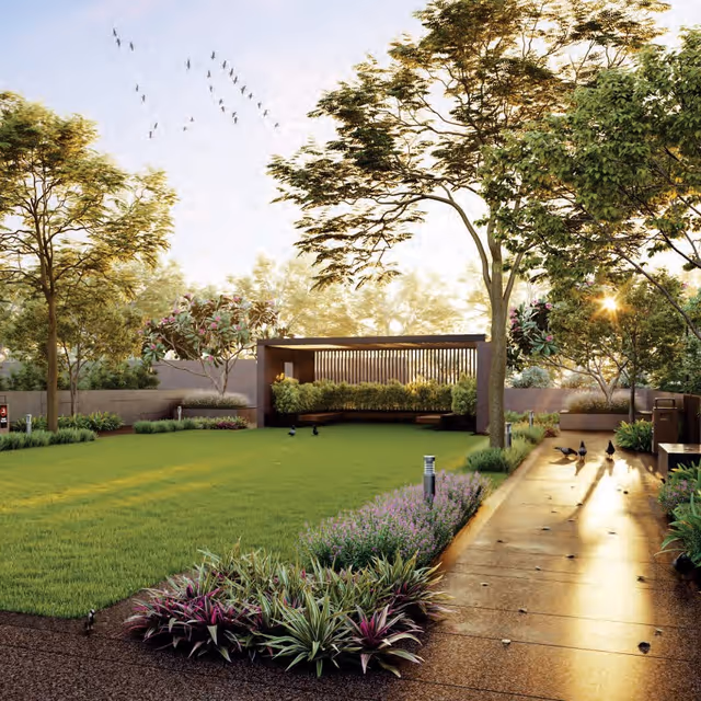 Skye Hyde Park – party lawn with seating pavilion and landscaped walkway (render)