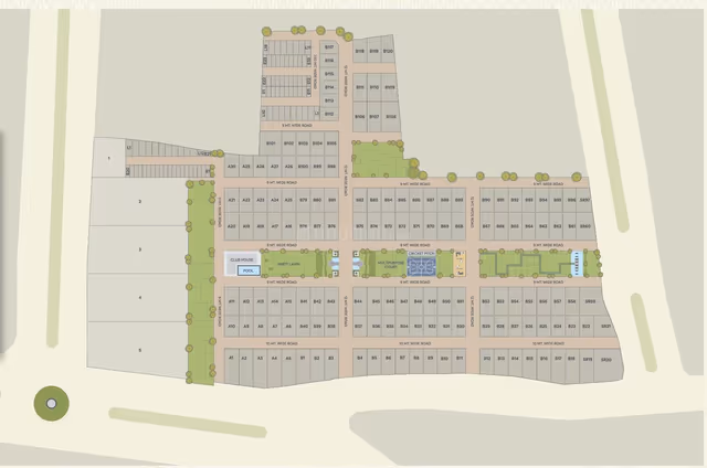 Skye Hyde Park – site plan with plot numbering and central amenity spine