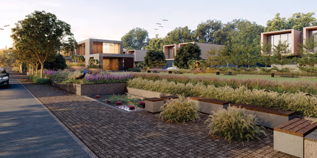 Skye Hyde Park – tree-lined internal street with landscaped water feature and bungalow facades (render)