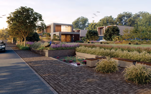 Skye Hyde Park – tree-lined internal street with landscaped water feature and bungalow facades (render)