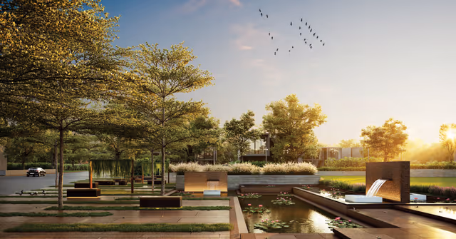 Skye Hyde Park – water garden court with lotus pond and fountain walls at dusk (render)